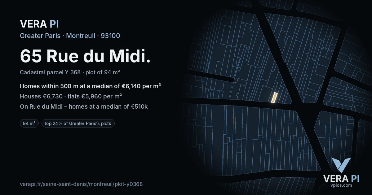 65 Rue du Midi, Montreuil at night – the plot lit, the parcels around coloured by the prices near them
