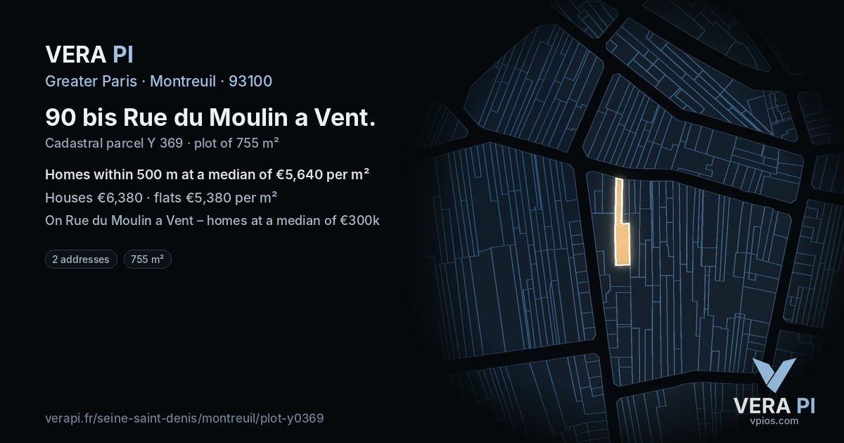 90 bis Rue du Moulin a Vent, Montreuil at night – the plot lit, the parcels around coloured by the prices near them
