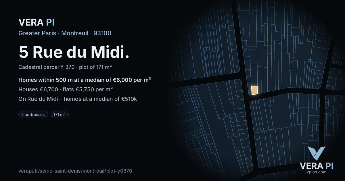 5 Rue du Midi, Montreuil at night – the plot lit, the parcels around coloured by the prices near them