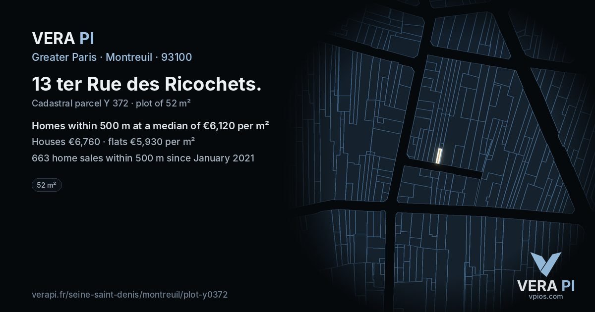 13 ter Rue des Ricochets, Montreuil at night – the plot lit, the parcels around coloured by the prices near them