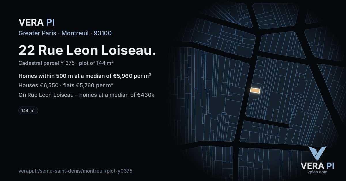 22 Rue Leon Loiseau, Montreuil at night – the plot lit, the parcels around coloured by the prices near them