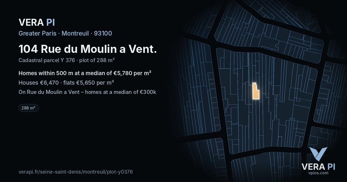 104 Rue du Moulin a Vent, Montreuil at night – the plot lit, the parcels around coloured by the prices near them