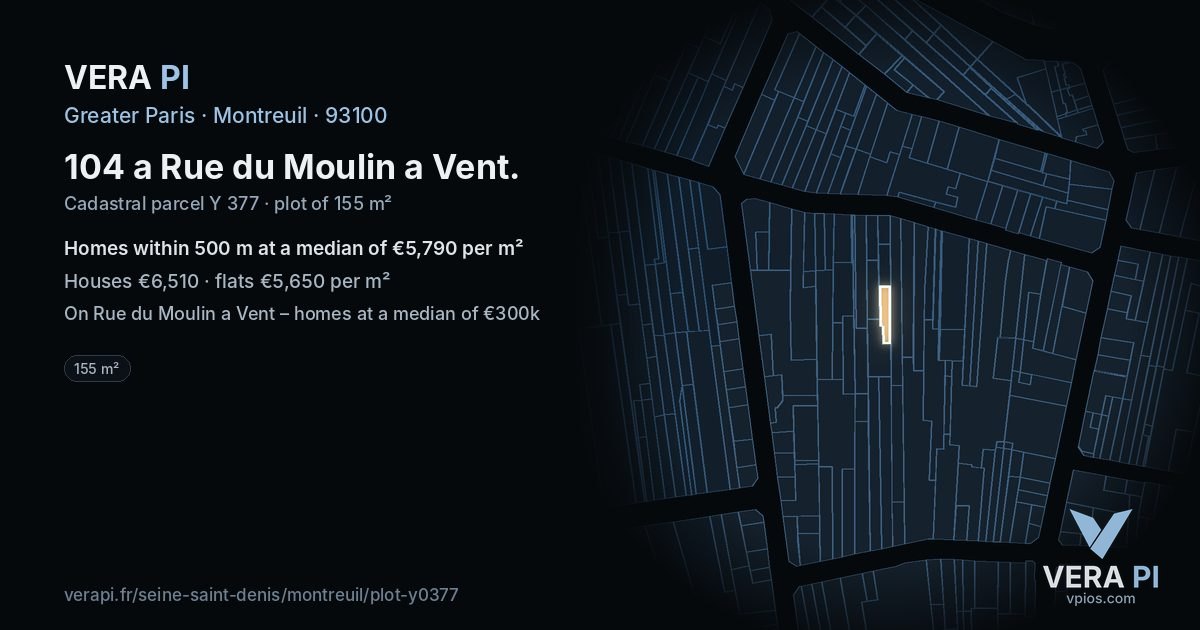 104 a Rue du Moulin a Vent, Montreuil at night – the plot lit, the parcels around coloured by the prices near them