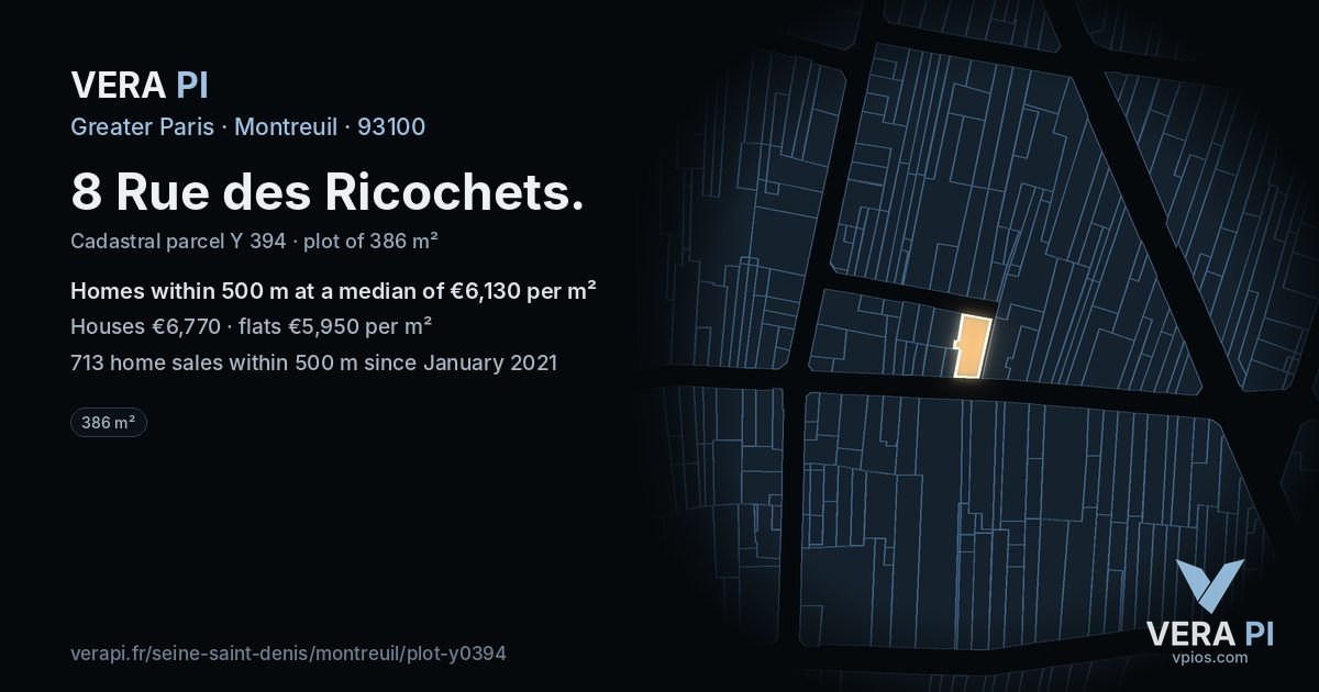 8 Rue des Ricochets, Montreuil at night – the plot lit, the parcels around coloured by the prices near them