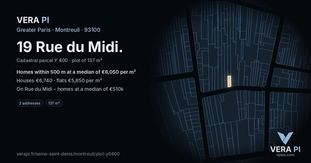 19 Rue du Midi, Montreuil at night – the plot lit, the parcels around coloured by the prices near them