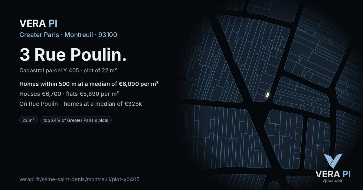3 Rue Poulin, Montreuil at night – the plot lit, the parcels around coloured by the prices near them