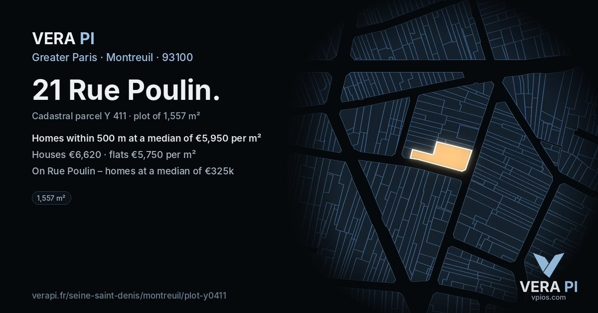 21 Rue Poulin, Montreuil at night – the plot lit, the parcels around coloured by the prices near them
