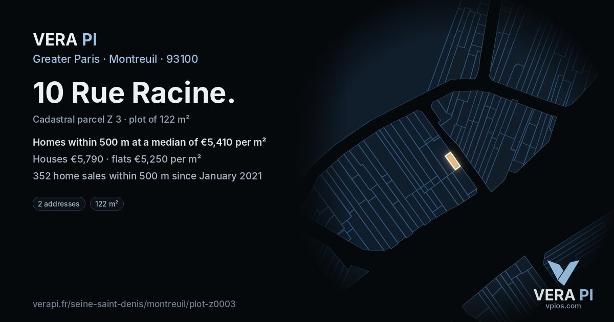 10 Rue Racine, Montreuil at night – the plot lit, the parcels around coloured by the prices near them