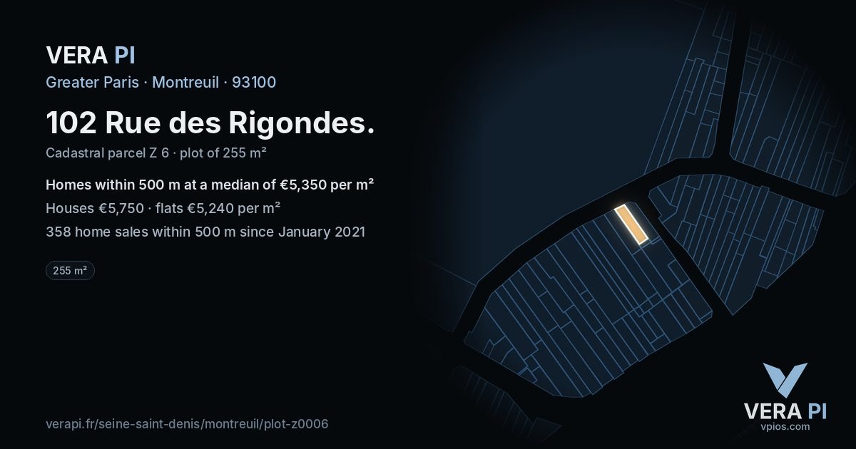 102 Rue des Rigondes, Montreuil at night – the plot lit, the parcels around coloured by the prices near them