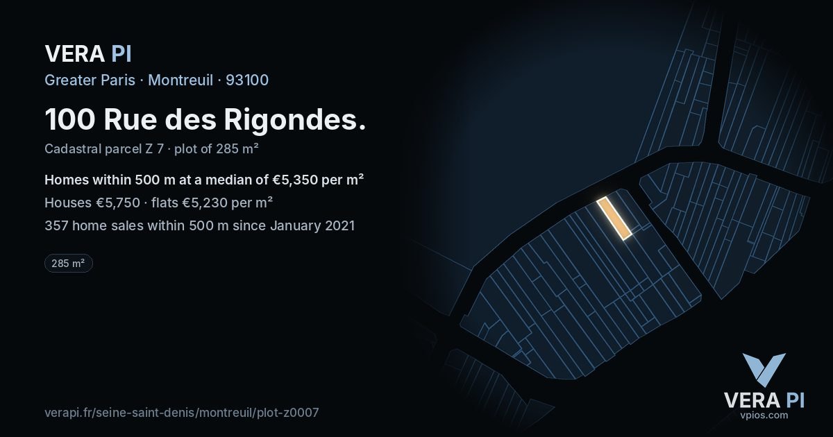 100 Rue des Rigondes, Montreuil at night – the plot lit, the parcels around coloured by the prices near them