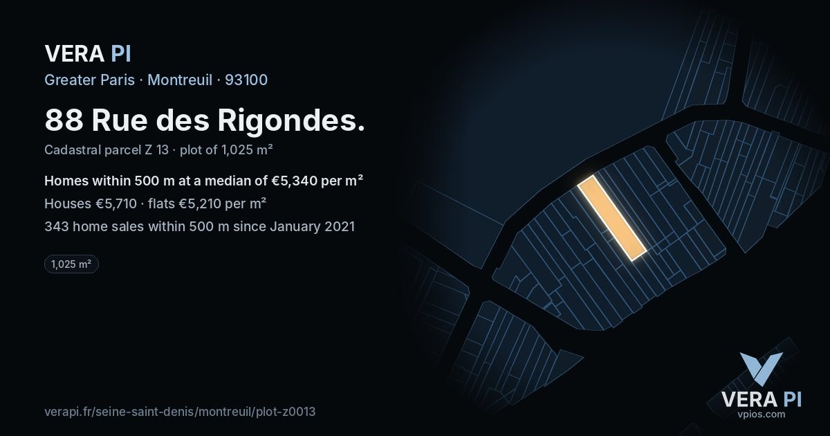 88 Rue des Rigondes, Montreuil at night – the plot lit, the parcels around coloured by the prices near them