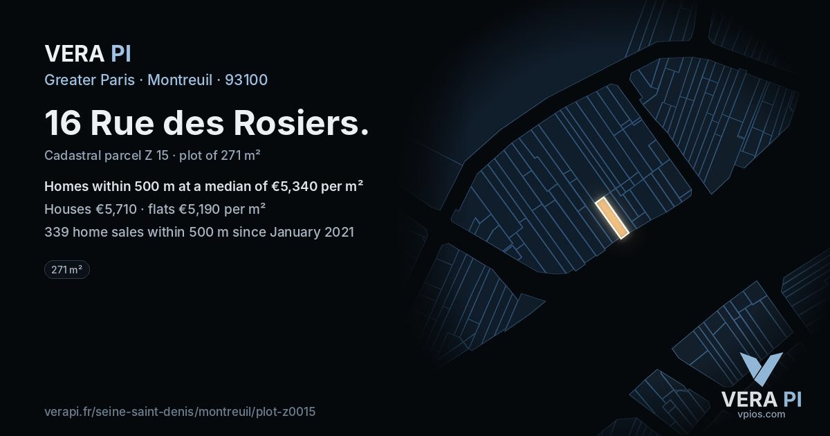 16 Rue des Rosiers, Montreuil at night – the plot lit, the parcels around coloured by the prices near them