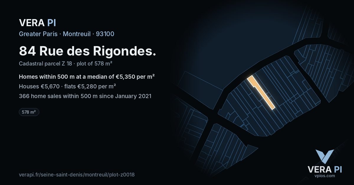 84 Rue des Rigondes, Montreuil at night – the plot lit, the parcels around coloured by the prices near them
