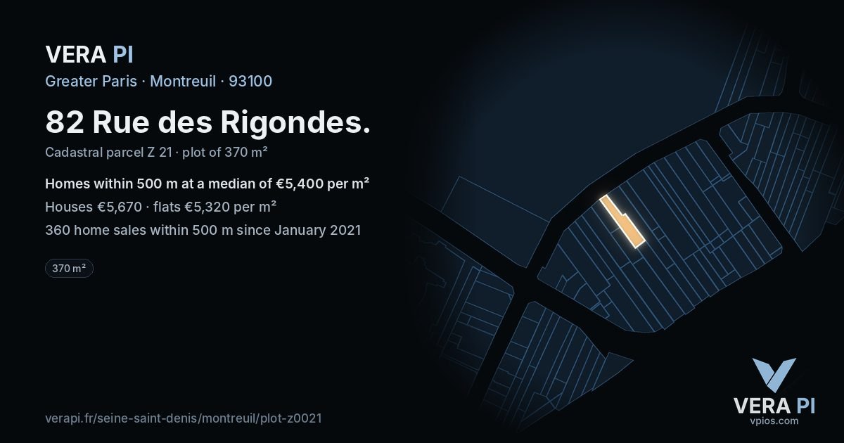 82 Rue des Rigondes, Montreuil at night – the plot lit, the parcels around coloured by the prices near them