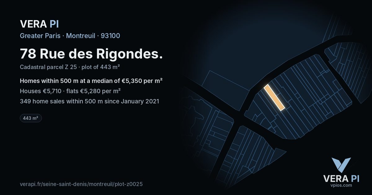 78 Rue des Rigondes, Montreuil at night – the plot lit, the parcels around coloured by the prices near them