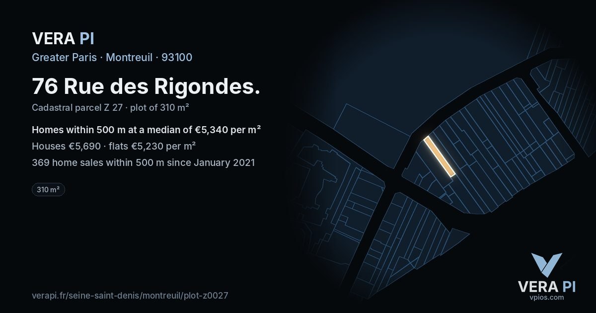 76 Rue des Rigondes, Montreuil at night – the plot lit, the parcels around coloured by the prices near them