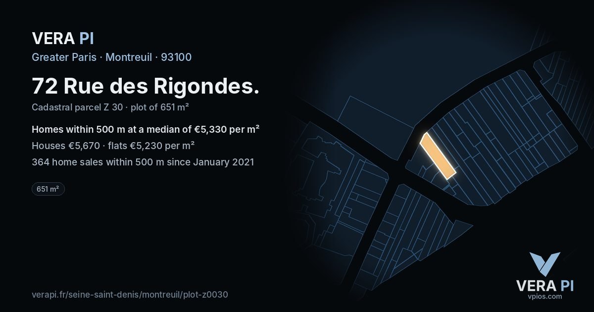 72 Rue des Rigondes, Montreuil at night – the plot lit, the parcels around coloured by the prices near them