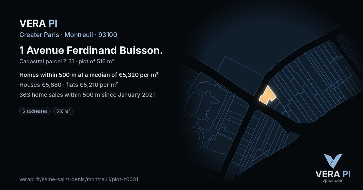 1 Avenue Ferdinand Buisson, Montreuil at night – the plot lit, the parcels around coloured by the prices near them