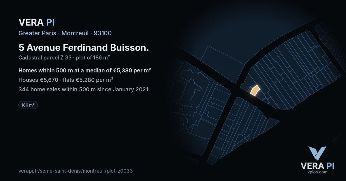 5 Avenue Ferdinand Buisson, Montreuil at night – the plot lit, the parcels around coloured by the prices near them
