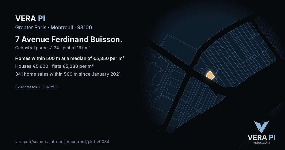 7 Avenue Ferdinand Buisson, Montreuil at night – the plot lit, the parcels around coloured by the prices near them