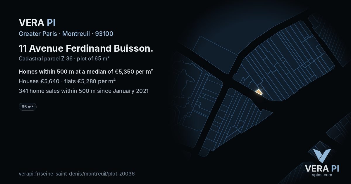 11 Avenue Ferdinand Buisson, Montreuil at night – the plot lit, the parcels around coloured by the prices near them