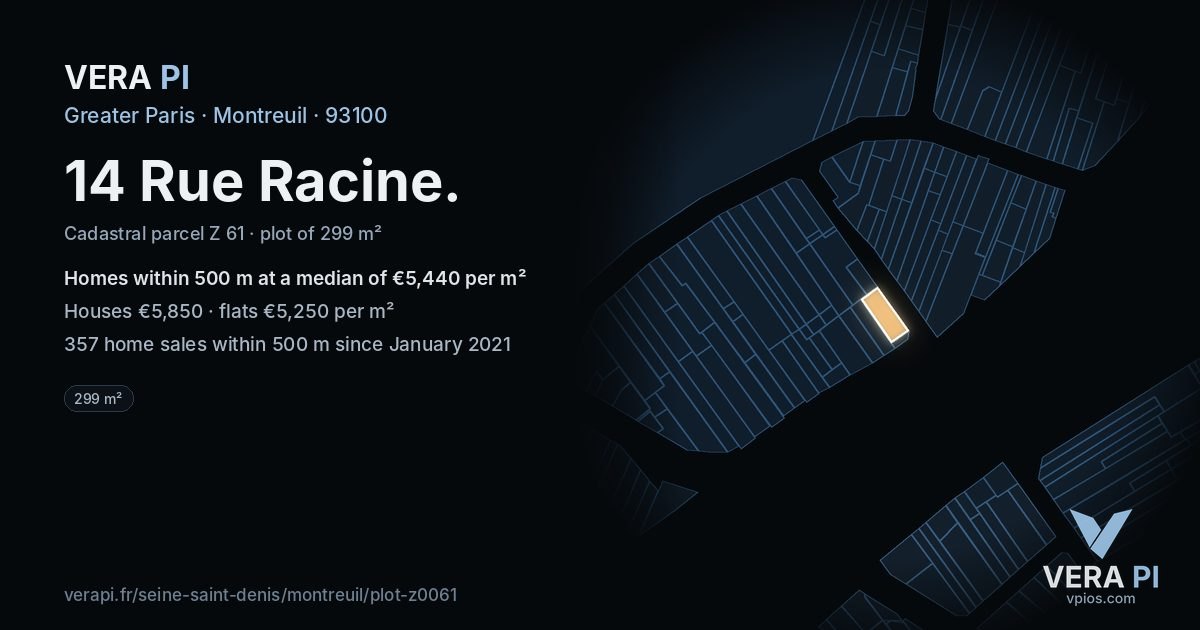 14 Rue Racine, Montreuil at night – the plot lit, the parcels around coloured by the prices near them
