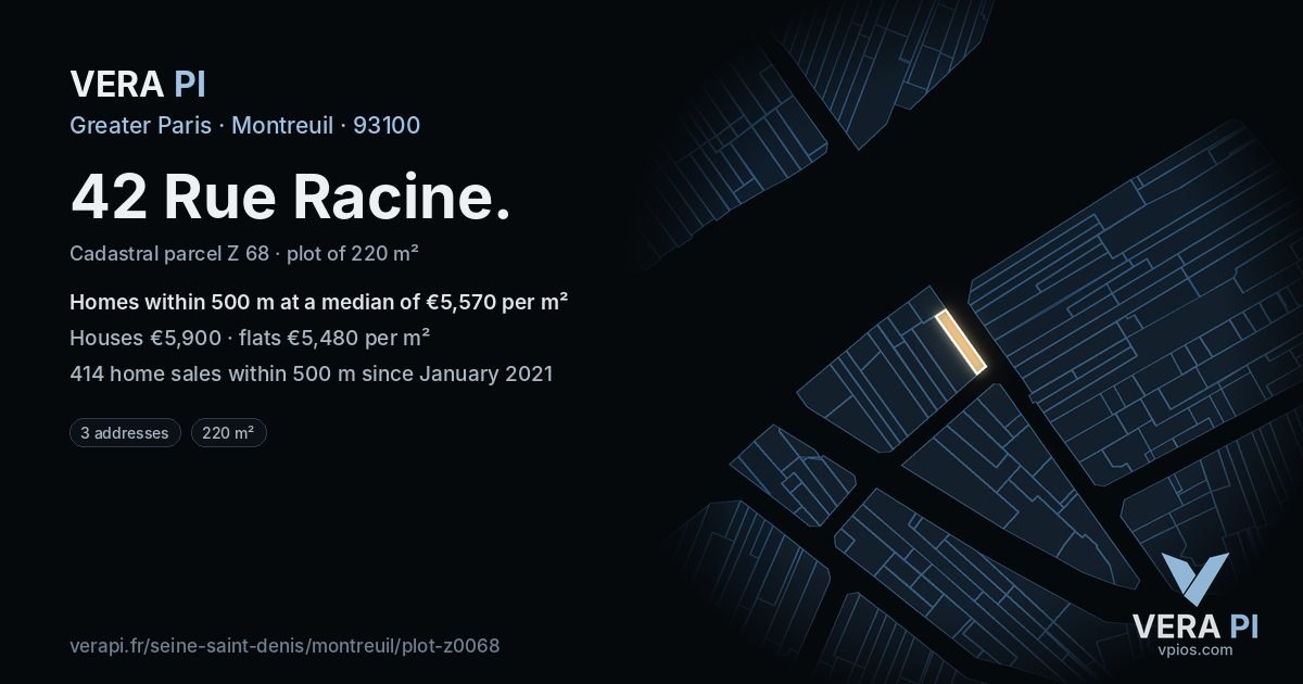 42 Rue Racine, Montreuil at night – the plot lit, the parcels around coloured by the prices near them