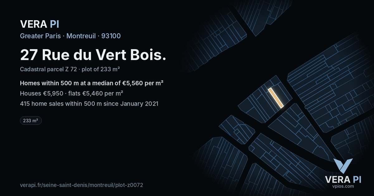 27 Rue du Vert Bois, Montreuil at night – the plot lit, the parcels around coloured by the prices near them
