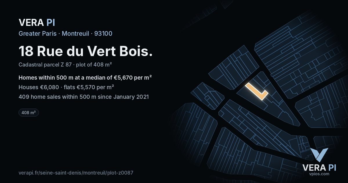 18 Rue du Vert Bois, Montreuil at night – the plot lit, the parcels around coloured by the prices near them