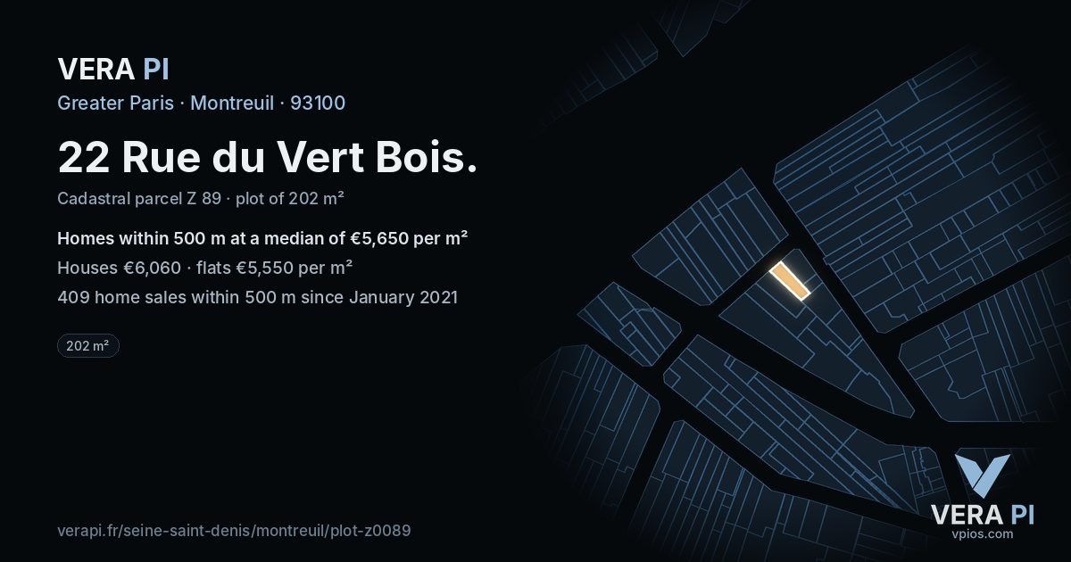 22 Rue du Vert Bois, Montreuil at night – the plot lit, the parcels around coloured by the prices near them