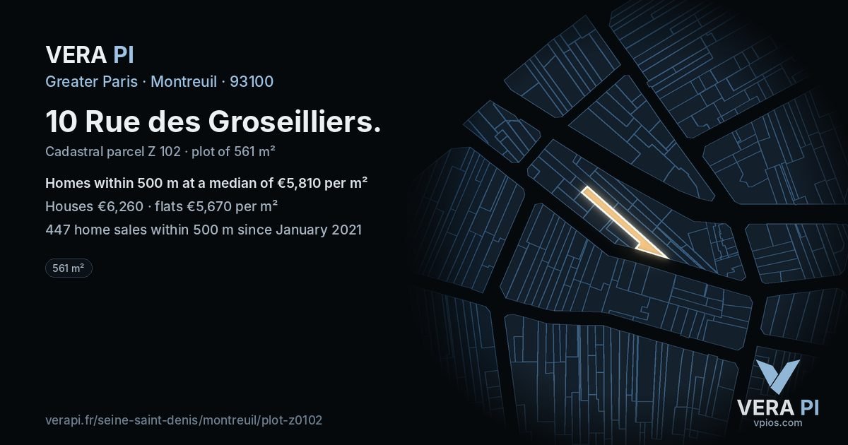10 Rue des Groseilliers, Montreuil at night – the plot lit, the parcels around coloured by the prices near them
