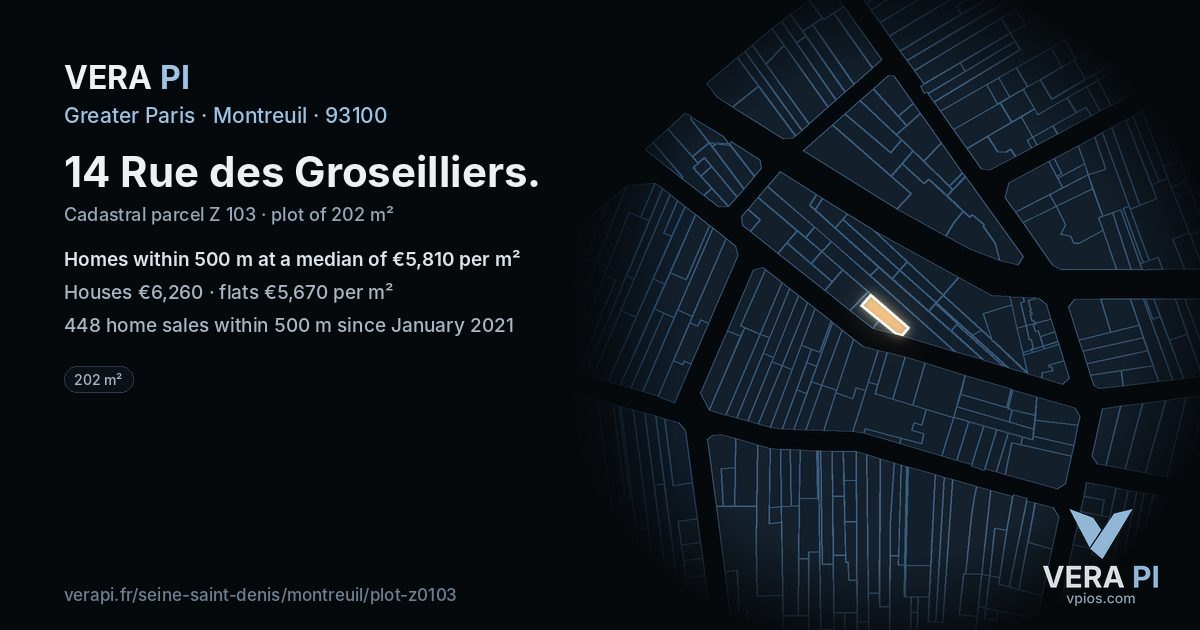 14 Rue des Groseilliers, Montreuil at night – the plot lit, the parcels around coloured by the prices near them