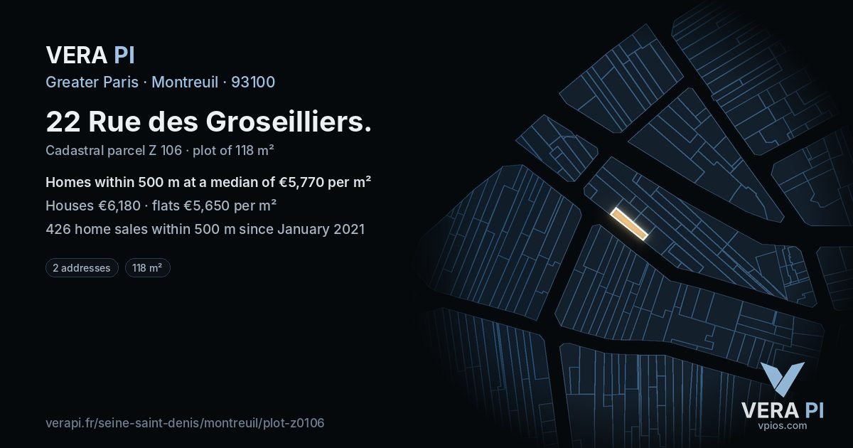22 Rue des Groseilliers, Montreuil at night – the plot lit, the parcels around coloured by the prices near them