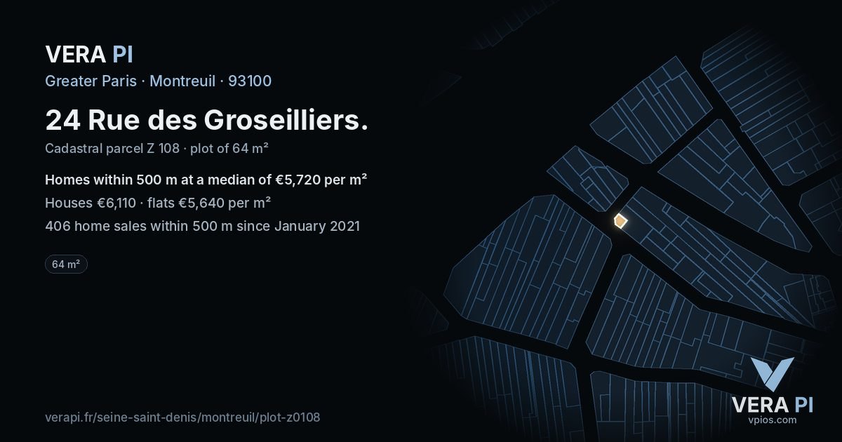 24 Rue des Groseilliers, Montreuil at night – the plot lit, the parcels around coloured by the prices near them