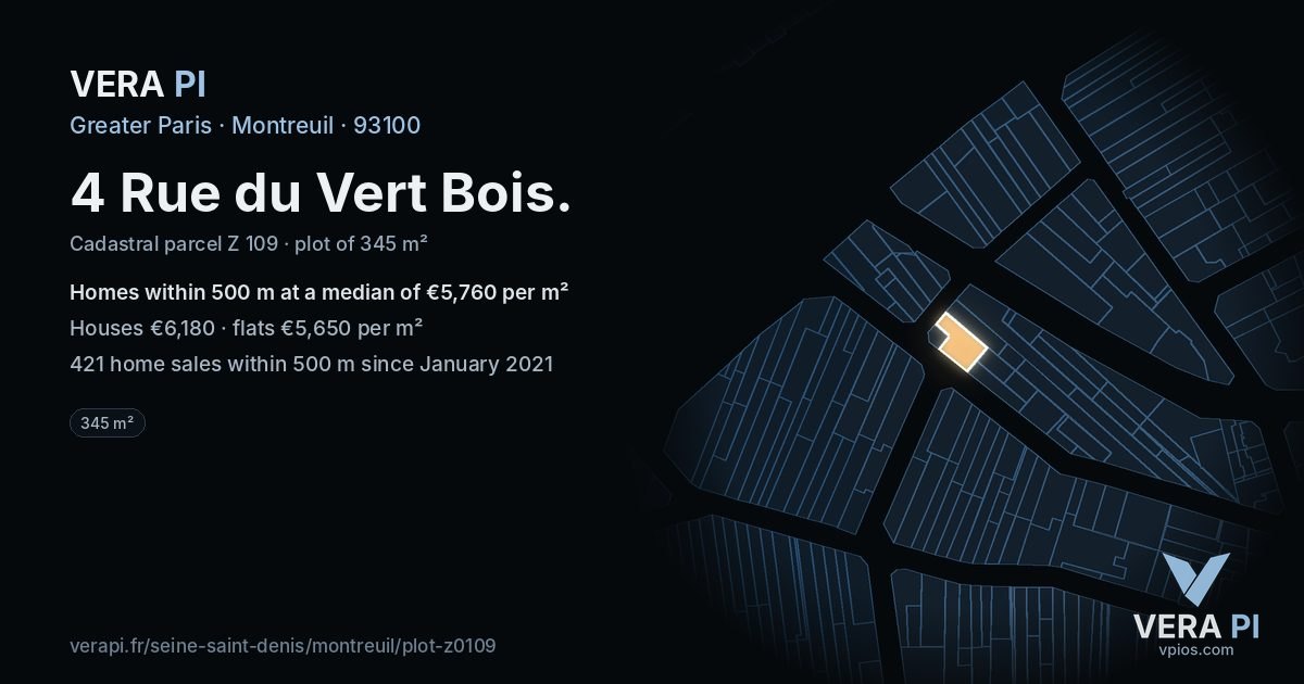 4 Rue du Vert Bois, Montreuil at night – the plot lit, the parcels around coloured by the prices near them