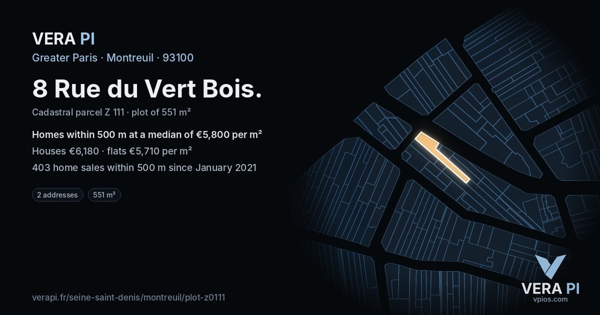 8 Rue du Vert Bois, Montreuil at night – the plot lit, the parcels around coloured by the prices near them