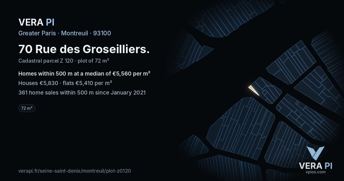 70 Rue des Groseilliers, Montreuil at night – the plot lit, the parcels around coloured by the prices near them