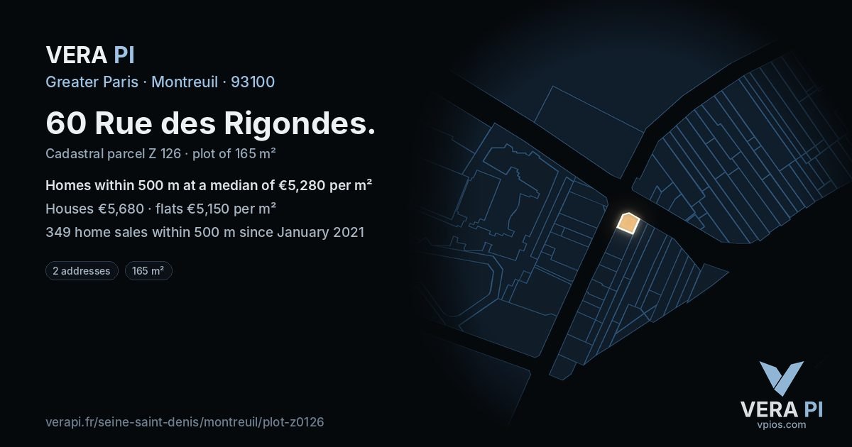 60 Rue des Rigondes, Montreuil at night – the plot lit, the parcels around coloured by the prices near them