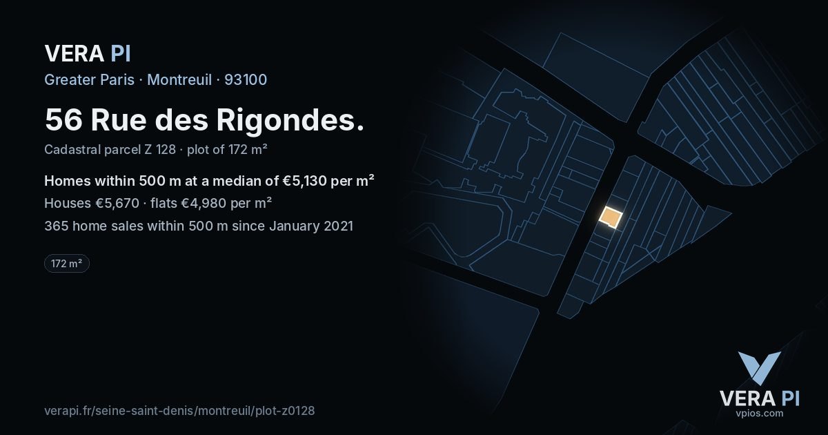 56 Rue des Rigondes, Montreuil at night – the plot lit, the parcels around coloured by the prices near them