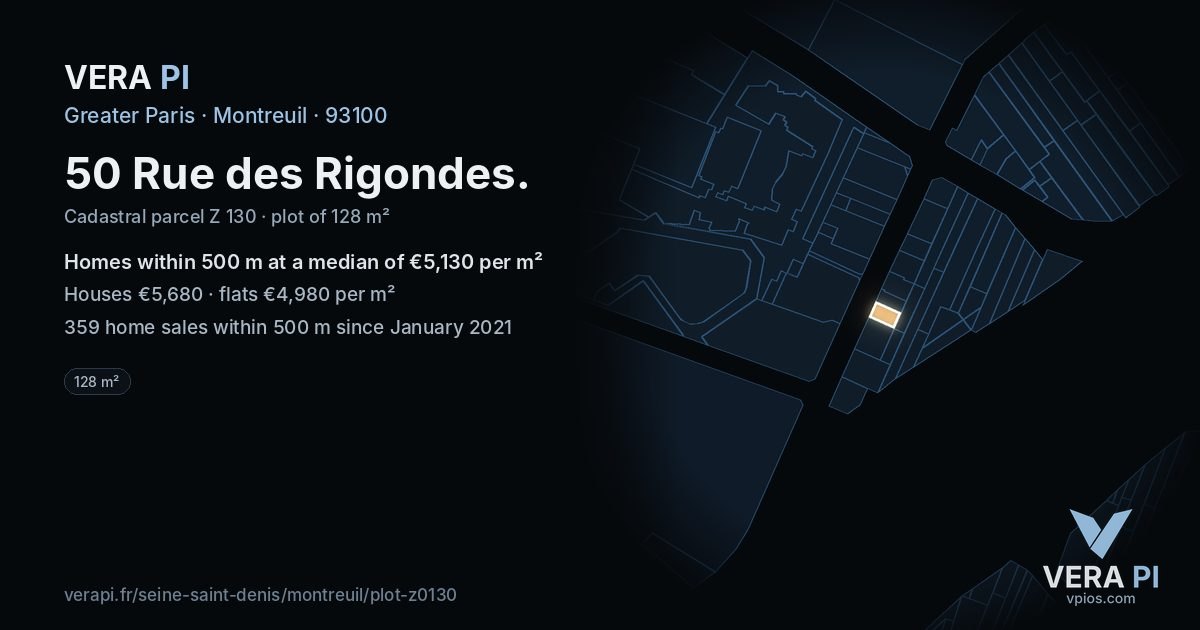 50 Rue des Rigondes, Montreuil at night – the plot lit, the parcels around coloured by the prices near them