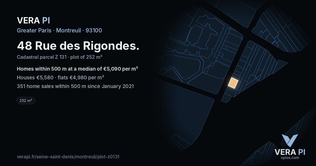 48 Rue des Rigondes, Montreuil at night – the plot lit, the parcels around coloured by the prices near them