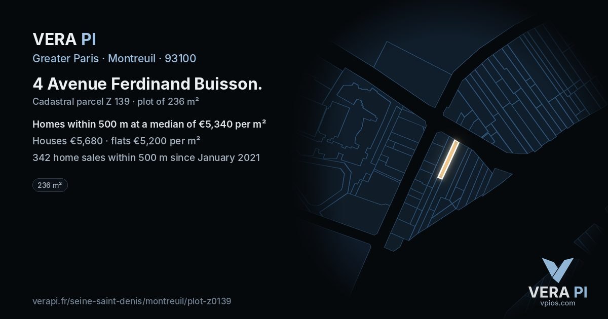 4 Avenue Ferdinand Buisson, Montreuil at night – the plot lit, the parcels around coloured by the prices near them