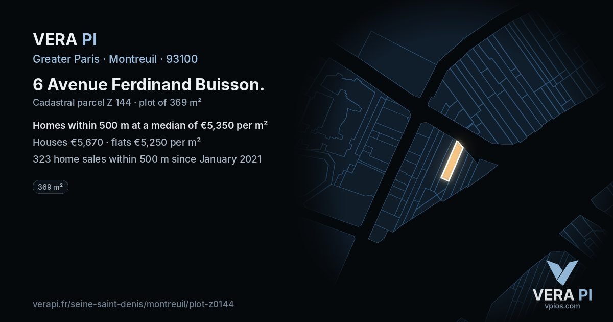 6 Avenue Ferdinand Buisson, Montreuil at night – the plot lit, the parcels around coloured by the prices near them