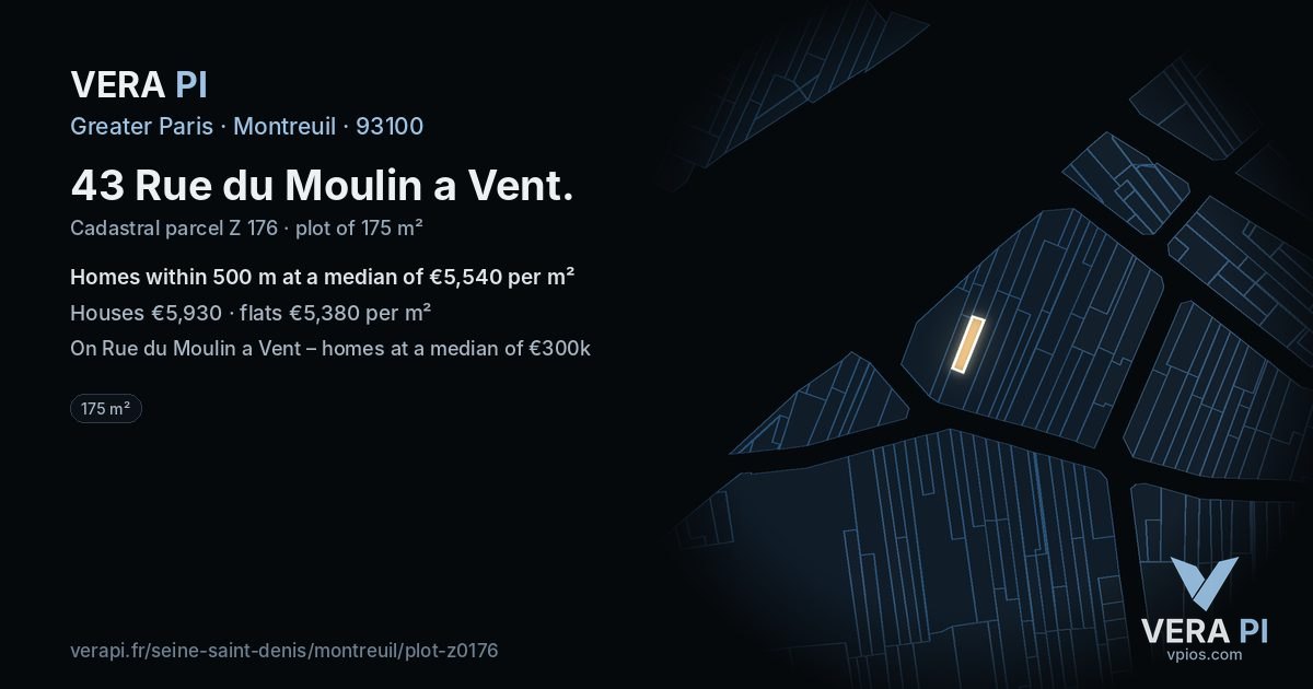 43 Rue du Moulin a Vent, Montreuil at night – the plot lit, the parcels around coloured by the prices near them