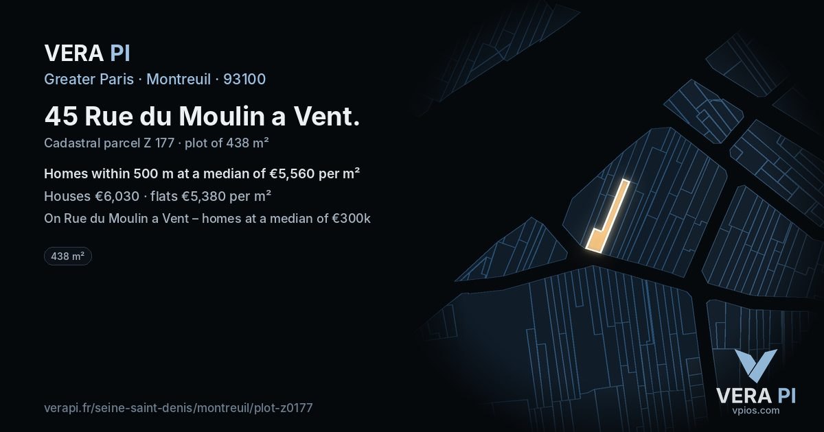 45 Rue du Moulin a Vent, Montreuil at night – the plot lit, the parcels around coloured by the prices near them