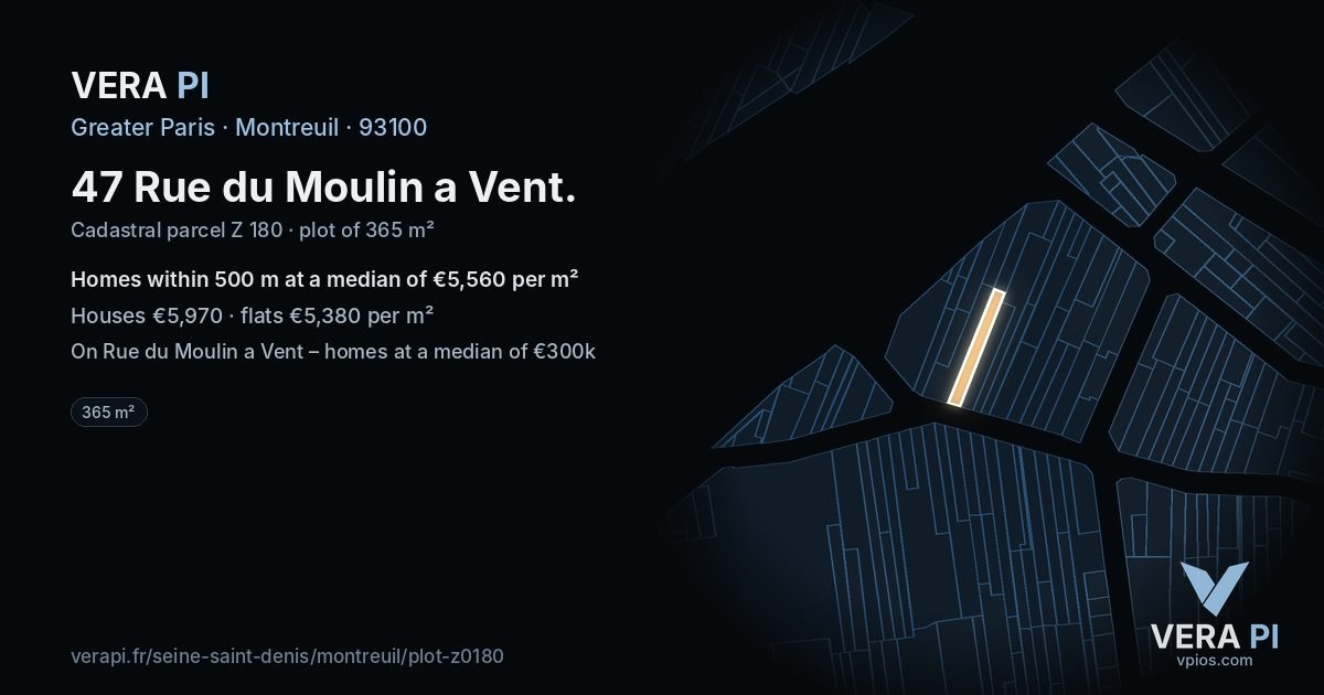 47 Rue du Moulin a Vent, Montreuil at night – the plot lit, the parcels around coloured by the prices near them