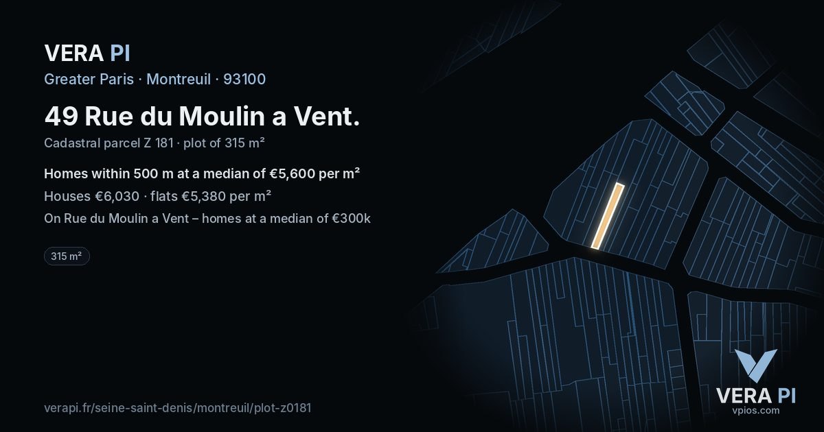 49 Rue du Moulin a Vent, Montreuil at night – the plot lit, the parcels around coloured by the prices near them