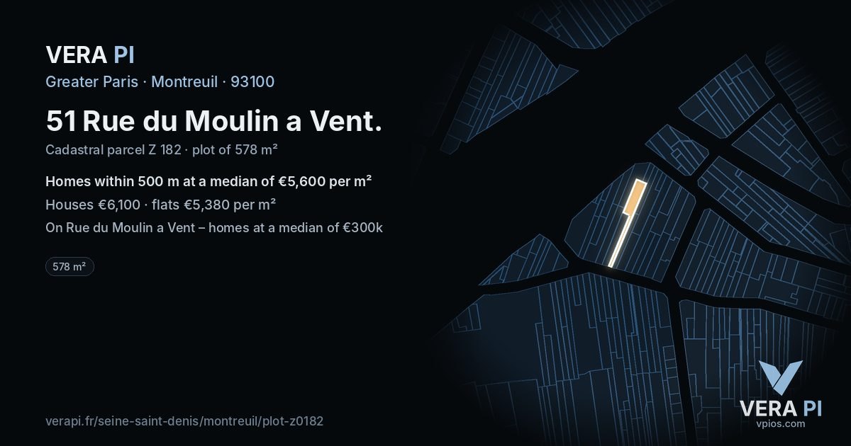 51 Rue du Moulin a Vent, Montreuil at night – the plot lit, the parcels around coloured by the prices near them
