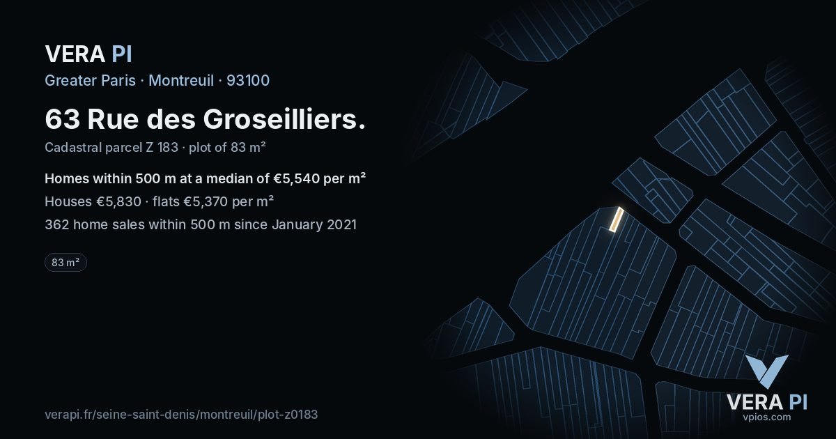 63 Rue des Groseilliers, Montreuil at night – the plot lit, the parcels around coloured by the prices near them