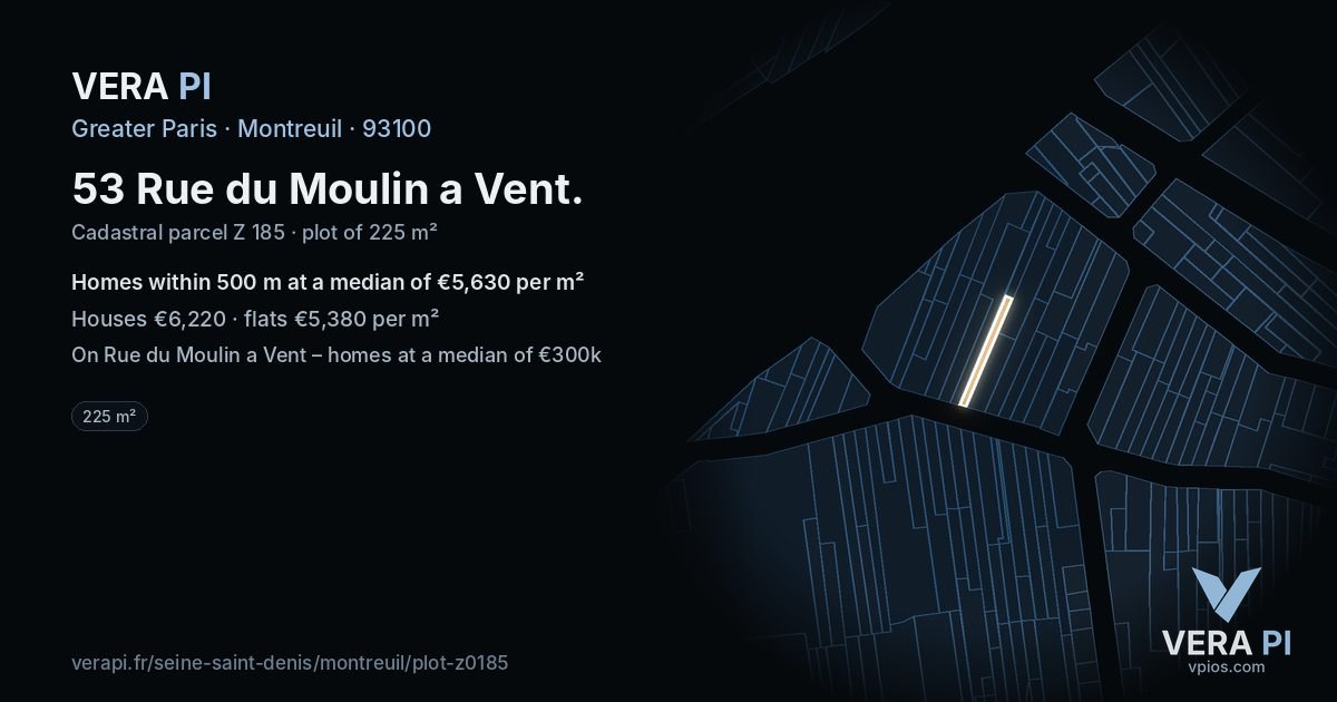 53 Rue du Moulin a Vent, Montreuil at night – the plot lit, the parcels around coloured by the prices near them
